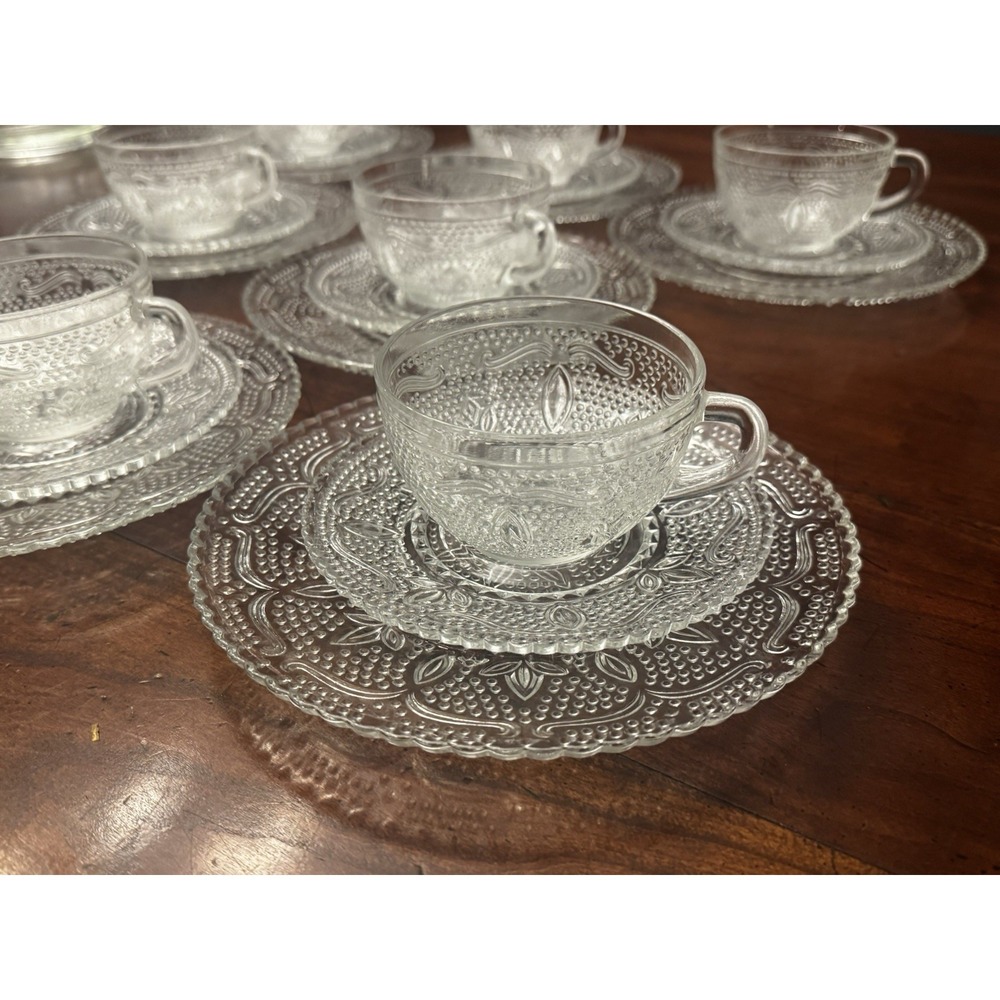 8 Sets, 24 Pieces Heritage Clear by Federal Glass Luncheon Plate, Cup, & Saucer